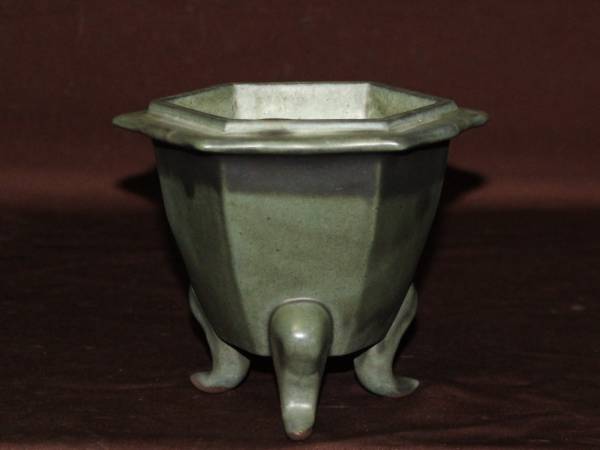 (玉芳庵)日本古窯【陶翠?六角蘭鉢】135mm松*蘭鉢*山野草*楓*石菖