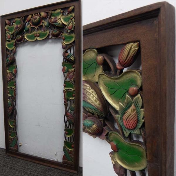 ■得々■アジアン/バリ島/細密彫刻窓/大判額縁/花鳥/エスニック”手作り”