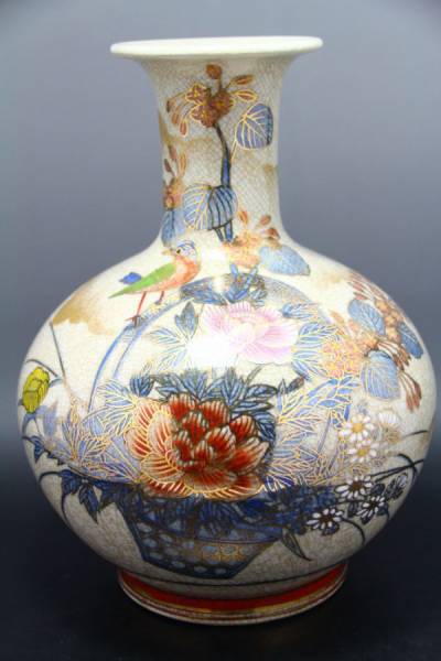 大正時代 薩摩 花鳥画 金彩 花瓶 薩摩焼 金彩色絵 双耳 - Yahoo