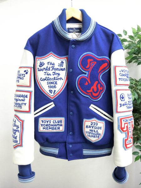 TOYS CLUB 袖革 本革 レザー フルデコ ウール スタジャン 青 L