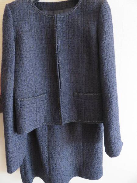 【美品】ツイードジャケット スカート スーツ 3点セット 紺 9号