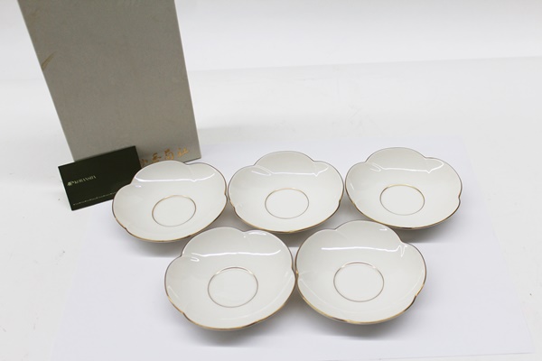 香蘭社 茶托 5枚セット ホワイト 金彩 フラワー 花形 陶器 梅型_1