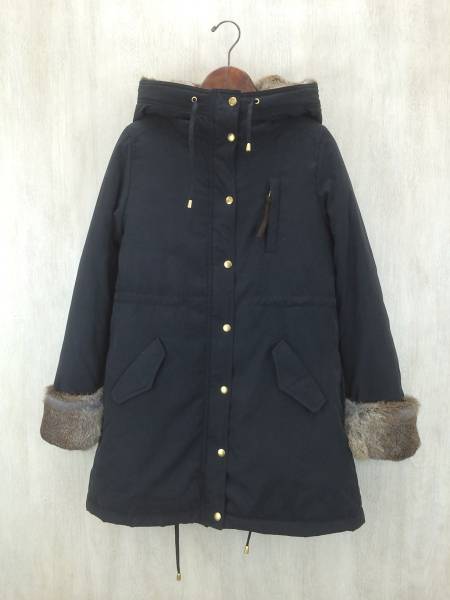 SHIPS◇ラビットファー付モッズコート/38/ポリエステル/BLK/ボ… SHIPS