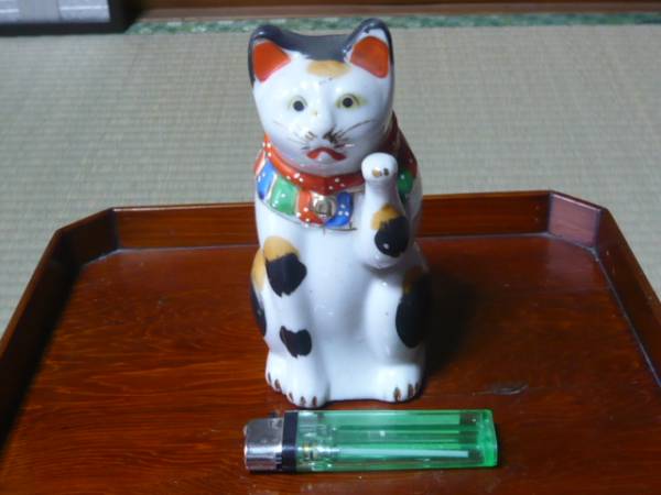 赤絵七福神中猫 瀬戸焼き 24センチ 招き猫 瀬戸焼 古色大正猫 中 赤