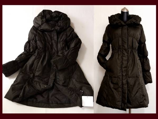 ボリューム襟 リアルフレンチダウンコート Aラインフレア/黒茶/M