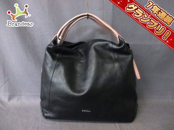 フルラ ハンドバッグ 美品 黒×ベージュ レザー FURLA