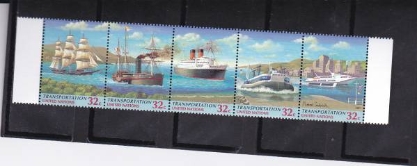 34国連（NY)の切手　1997年　船　帆船　5種連刷_1