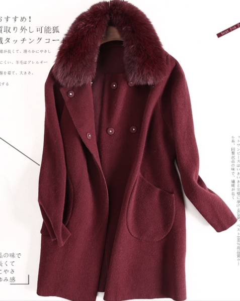 豪華フォックス付き★上質ミンク100お洒落コートエンジ色