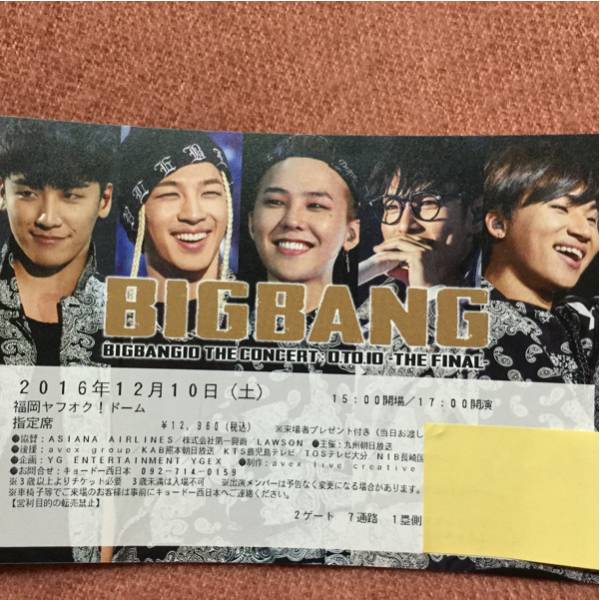 BIGBANG 福岡 ヤフオクドーム 12/10 一塁側スタンド10～15列 1枚