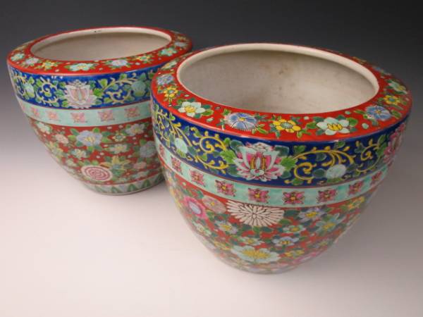 古伊万里 十錦 花唐草尽し 火鉢 一対 無傷 8077TT