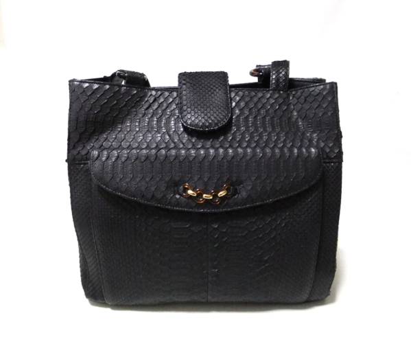 パイソンレザー 大サイズ ショルダーバッグ 黒 蛇革 トートb1011