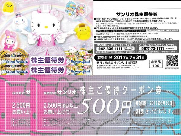 サンリオピューロランド 株主優待券6枚 クーポン券4枚 普通便込