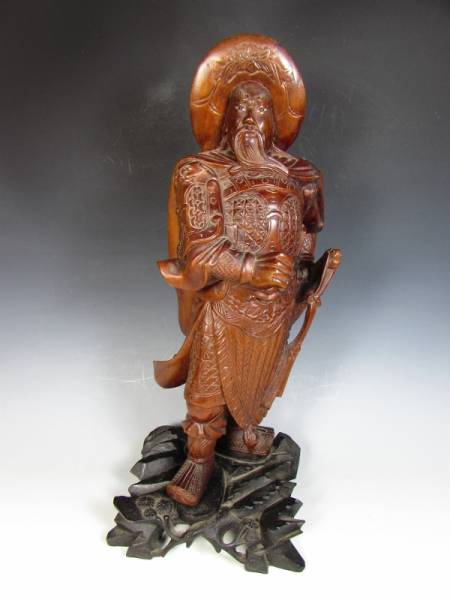 木彫り武将像（中国風「武人彫刻」・木製）： インテリア・レトロ
