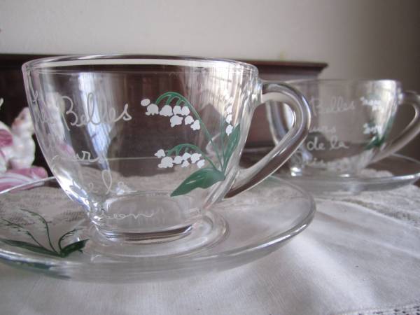 新品フランス製アンティーク？風すずらんミュゲガラスカップ＆Ｓ