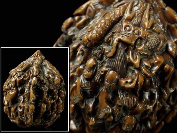 ◇廻◇ 中国古玩 龍百老彫刻胡桃 5cm 細密細工 唐物骨董 [