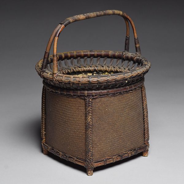 【時代唐物籐細密編提梁鳥府】 煎茶道具竹工芸炭籠炭斗竹籠