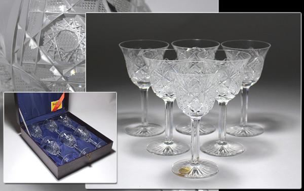 ∇花∇ボヘミアクリスタルガラス ハンドカットワイングラス6客揃 元箱付