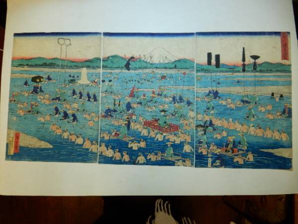 錦絵 大井川連台之図 広重画 3枚続 1組 浮世絵 三枚続江戸時代 【公式