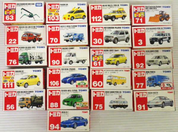 【中国製】赤箱 トミカ セット パジェロ/プロフィア/ブルドーザー/動物運搬（パンダ）/カニクレーン【10