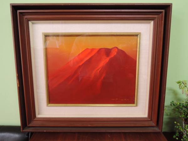 ◆油彩画　美しい赤富士画　作者不詳　サイン有り　F６キャンバス　肉筆　絵画　額装　時代物◆
