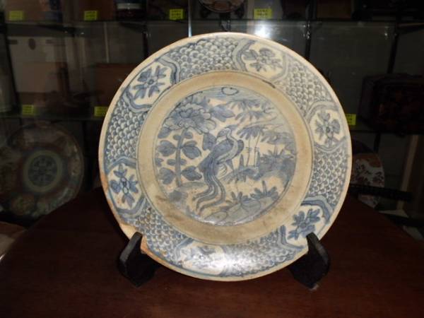 明時代中国美術 染付 鳳凰文 皿 陶磁器 骨董品保証 明時代、古染付鳳凰