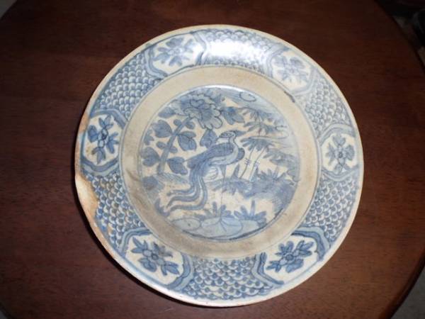 明時代中国美術 染付 鳳凰文 皿 陶磁器 骨董品保証 明時代、古染付鳳凰