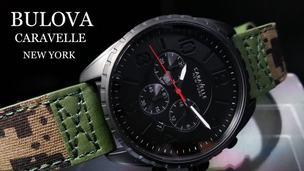 【1円】BulovaブローバCaravelleキャラベル腕時計新品迷彩カモフラージュ本革レザーNewYorkクォーツメンズ日本未発売最高商品