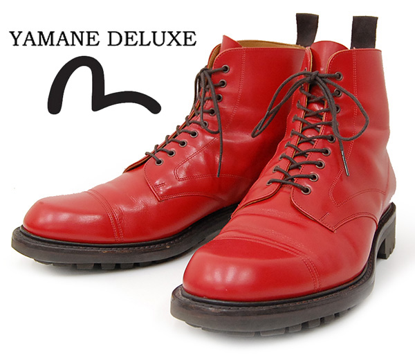 希少！美品 イングランド製 エヴィス YAMANE DELUXE ヤマネ 牛革 ストレートチップ レースアップ レザーブーツ 赤/9（27.5cm）