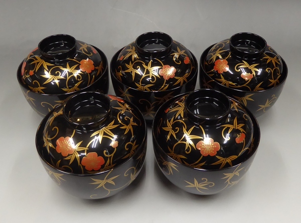 ★漆芸★　慶塚漆器工房　『輪島塗　松竹梅唐草蒔絵　福形吸物椀　五客揃』　共箱　木製