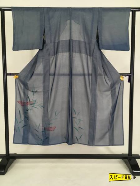 スピ買■ 着物 1円 付下げ 紺色 船 笹 紗合わせ 正絹 単衣（6月/9月） 146.5cm SSサイズ 逸品