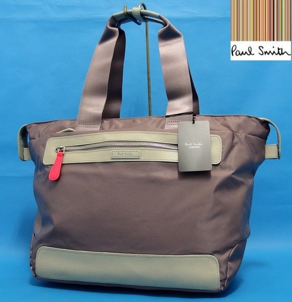 新品☆ポールスミス 本革×ツイルナイロン 大容量トートバッグ☆灰桃