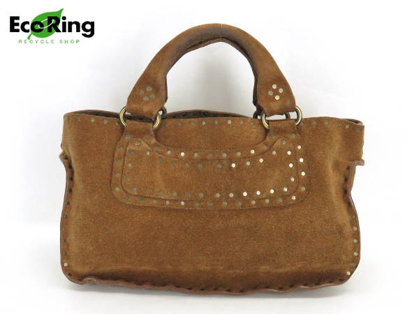 1円 セリーヌ ブギー スタッズ スエード ハンドバッグ ブラウン EB984