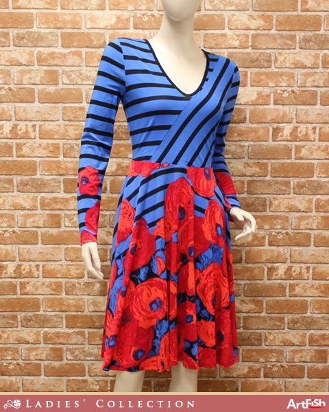 1円Tracy Reese◇ブルー フローラル×ボーダー柄プリント Vネック フィット＆フレア ワンピースz680*P新品