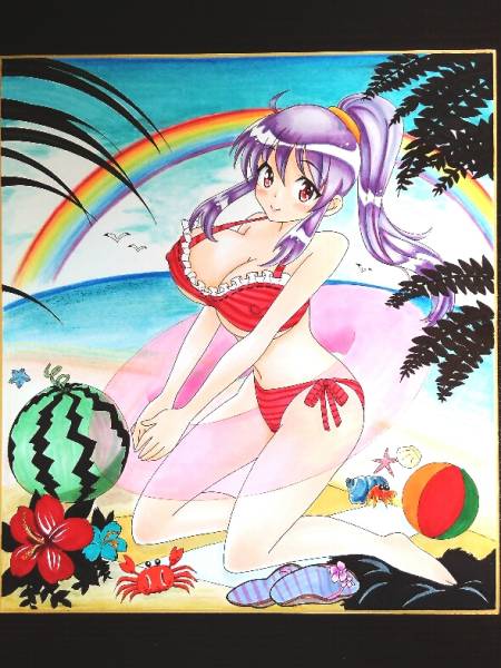 ◇オリジナル手描きイラスト【女の子*海*水着*浜辺】色紙◇(手描き
