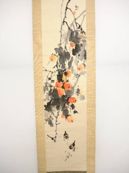 1102/○掛軸 作者不明 雀図 落款在 共箱 肉筆 紙本 絵画 軸装