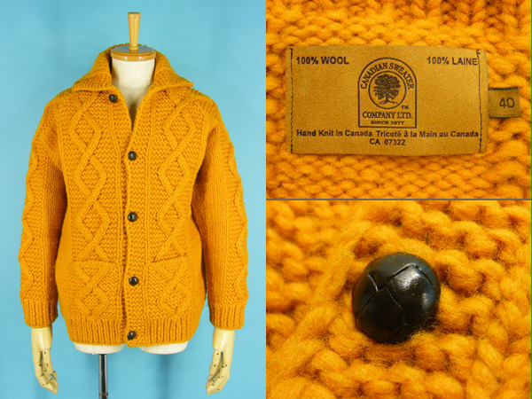 極上 CANADIAN SWEATER カナディアンセーター ニットカーディガン ボタン マスタード Size 40 #23963 カウチンセーター