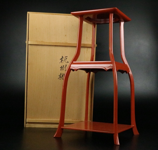 杭州棚 朱塗煎茶飾 二重棚 京指物師 誠雲作 共箱 煎茶道具