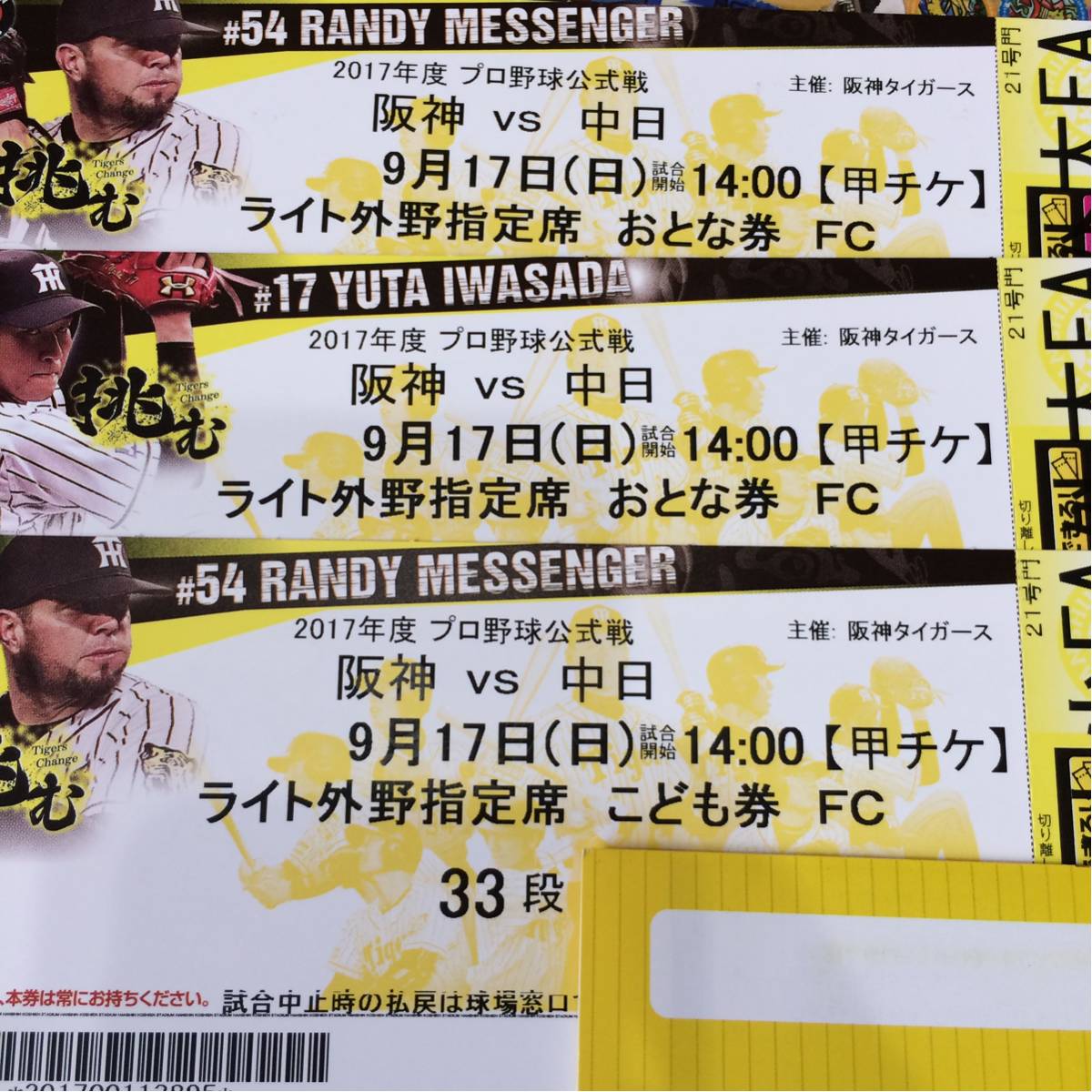 通路席☆9/17(日)プロ野球公式戦　〇阪神vs中日〇ライト外野席3枚〇通路席