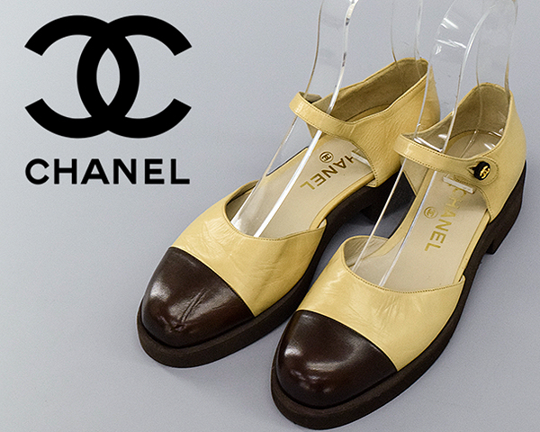 H0211■美品■CHANEL シャネル■伊製■ココマーク釦 レザーアンクルストラップ バイカラー ラバーソールパンプス■38■ベージュ×ブラウン