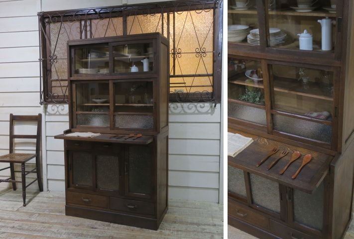 希少♪上質♪古い木味 楢(ナラ)材 透視xダイヤガラス 作業台付き アンティーク収納棚(2段重ね式)☆ケビント棚 食器棚 水屋 ガラスケース