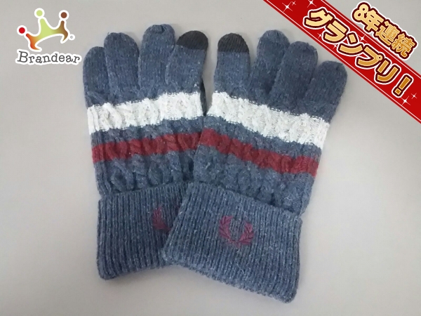 フレッドペリー FRED PERRY 手袋 M ウール×アクリル ネイビー×ライトグレー×ボルドー レディース