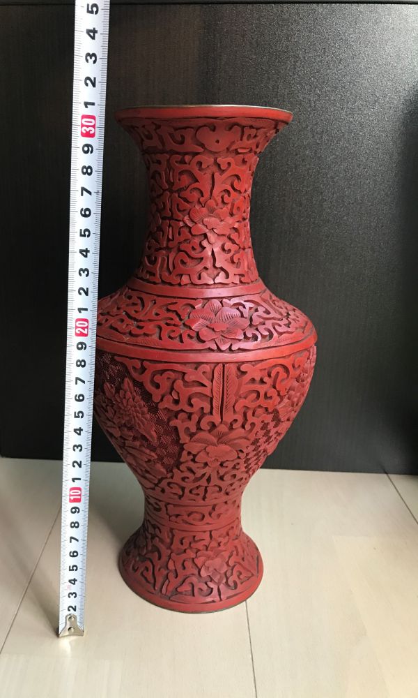 堆朱 花瓶 中国美術 ⁄ 中国古玩 山水文彫花瓶 -中国堆朱花瓶の中古