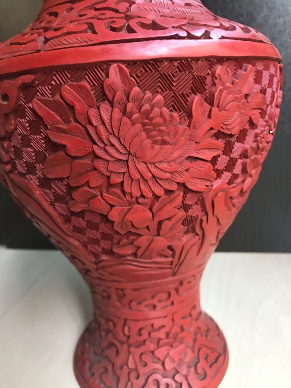 堆朱 花瓶 中国美術 ⁄ 中国古玩 山水文彫花瓶 -中国堆朱花瓶の中古