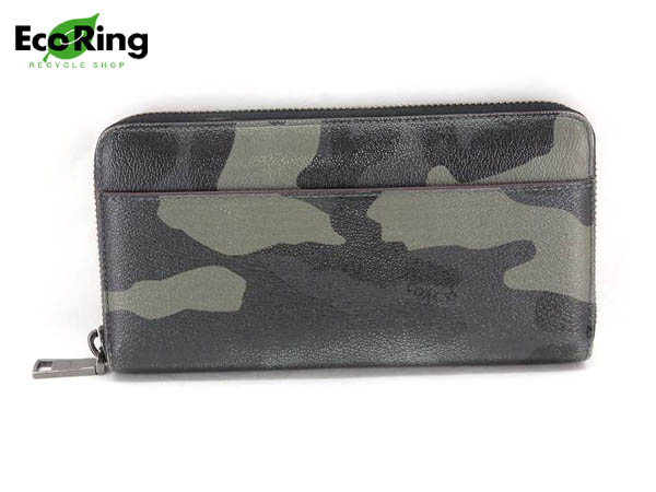 1円 コーチ ラウンドファスナー 迷彩柄 カモフラージュ レザー 長財布 BP701