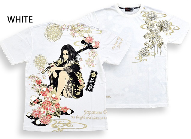 セール 特価 抜刀娘 凛蓮流水半袖Tシャツ ホワイトXXLサイズ 新品未使用 和柄 和風 着物 日本 舞妓 刺繍 プリント メンズ カットソー sale