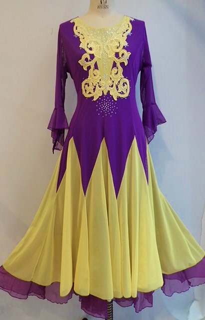 1円~超美品★素敵な色合い！黄色＆パープルモダンドレス★豪華モチーフ★Ｌサイズ★生地縫製デザイン良いです★スタンダード・発表会