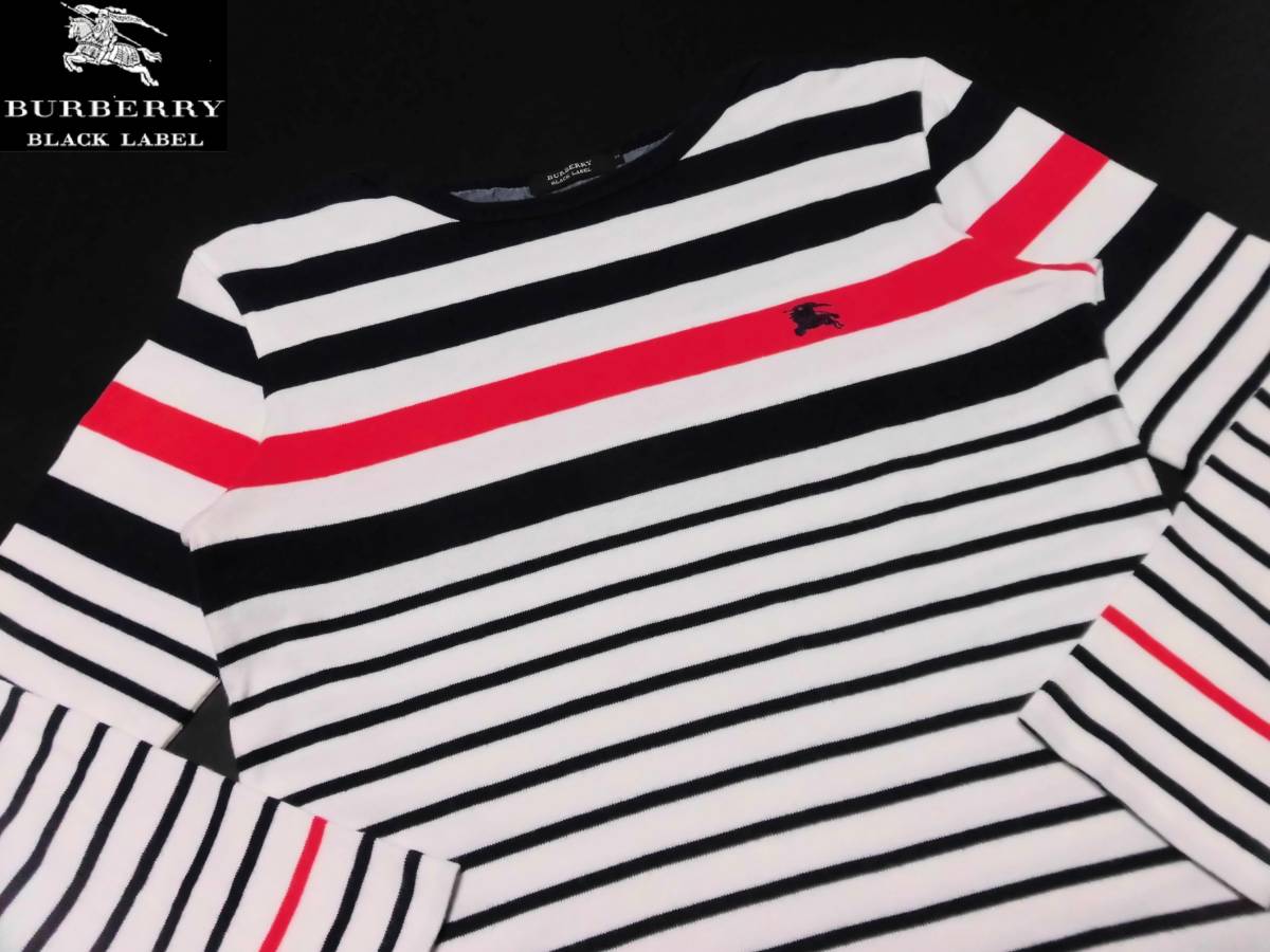 美品 バーバリーブラックレーベル ネイビーホース刺繍 マルチボーダー ボートネックカットソー サイズ 2 日本製