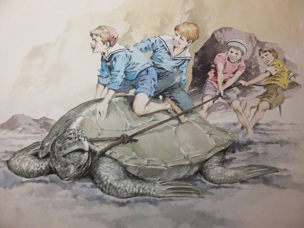 大判！柳柊二肉筆カラー原画！十五少年漂流記③！ 検挿絵原稿サイン 