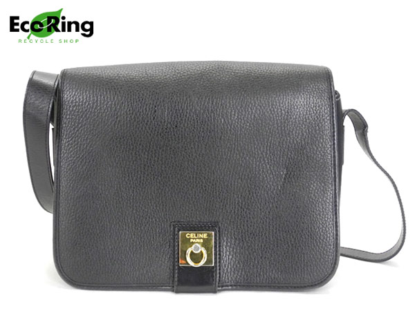 1円 セリーヌ レザー ショルダーバッグ ブラック×ゴールド金具 AI866