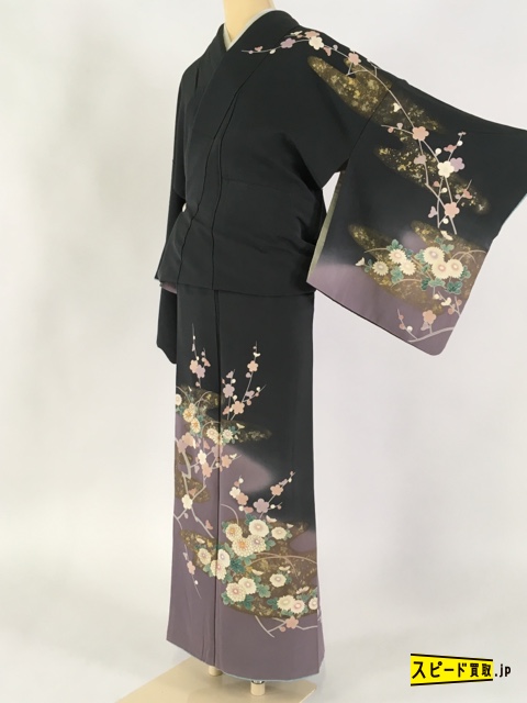 スピ買■ 着物 名品 訪問着 深緑 梅 菊 金彩 ぼかし 金駒刺繍 正絹 袷 身丈155.5cm 裄丈64cm☆☆☆☆